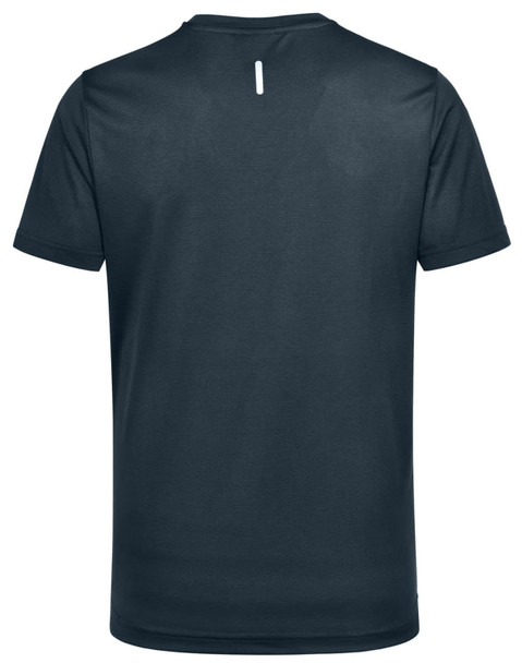 A men's short-sleeve performance tee in navy blue, featuring a logo on the back. Lightweight design suitable for activewear.