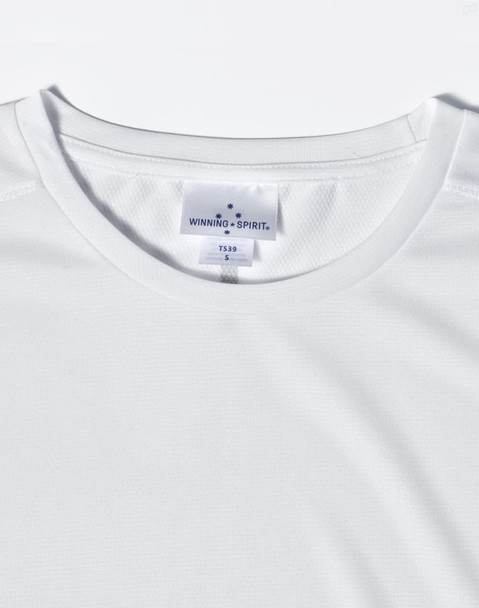 A white men's short sleeve performance T-shirt with a branded label on the neckline.