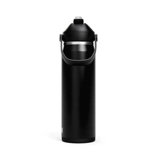A drink bottle in black with a sturdy handle and a flip straw, featuring a silver band around the top.