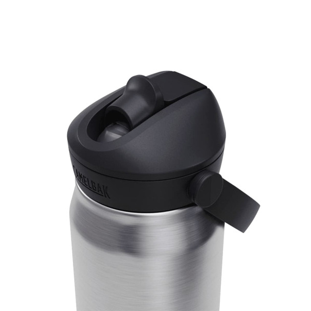 A drink bottle made of stainless steel with a black top and flip straw, featuring a logo.