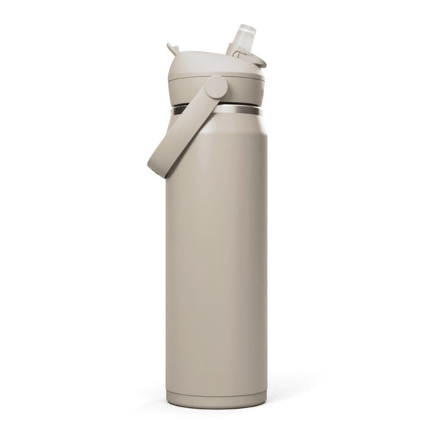 A drink bottle in a light beige colour with a flip straw and a carry handle. It features a sleek, modern design.