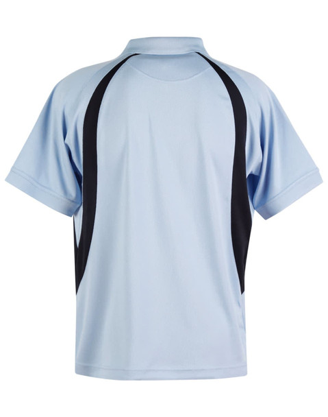 A light blue polo shirt with black side panels and a collar. Features a logo on the design.