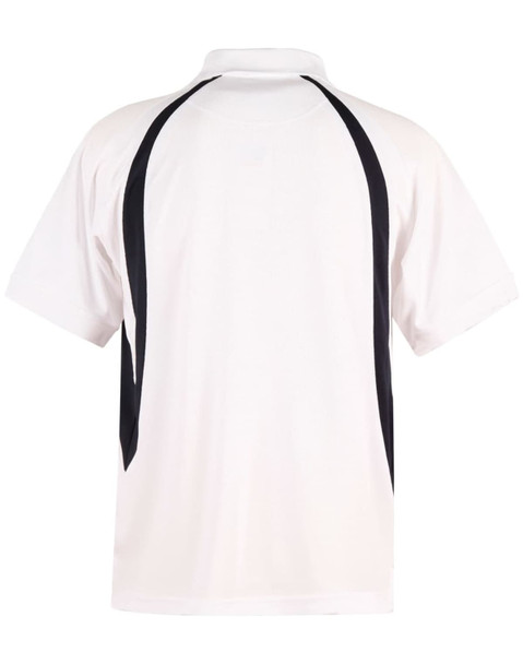 A white polo shirt featuring black side panels and a collar. The back has a logo prominently displayed.