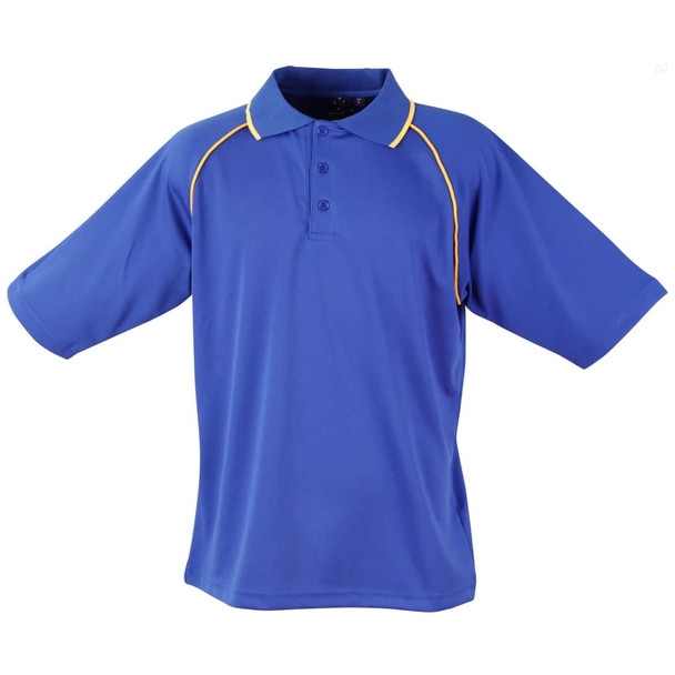 A blue men's polo shirt with short sleeves and yellow piping, featuring a collar and three buttons.