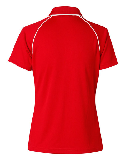 A red men's Cooldry raglan short-sleeve polo shirt featuring contrasting piping and a logo.