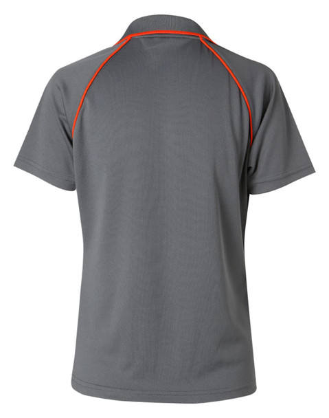 A grey men's Cooldry raglan short-sleeve polo shirt featuring orange accents and a logo.