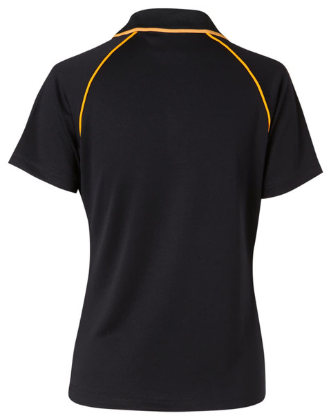 A black short-sleeve polo shirt with yellow raglan stitching and a logo on the back.