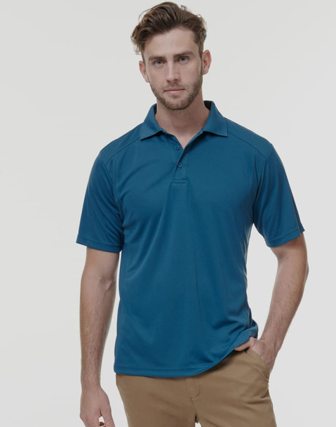 A men's polo shirt in a rich blue colour, featuring a classic collar and short sleeves, with a logo on the chest.