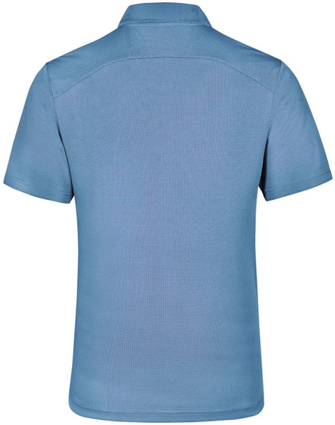 A blue polo shirt with a collar and short sleeves, featuring a logo on the back.