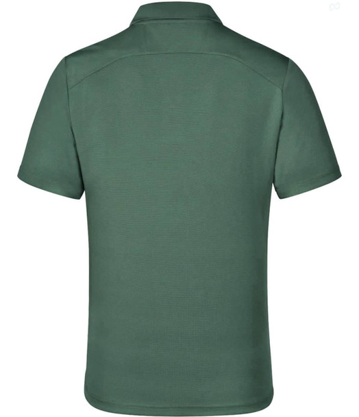 A green men's polo shirt with a classic collar and a logo on the back.