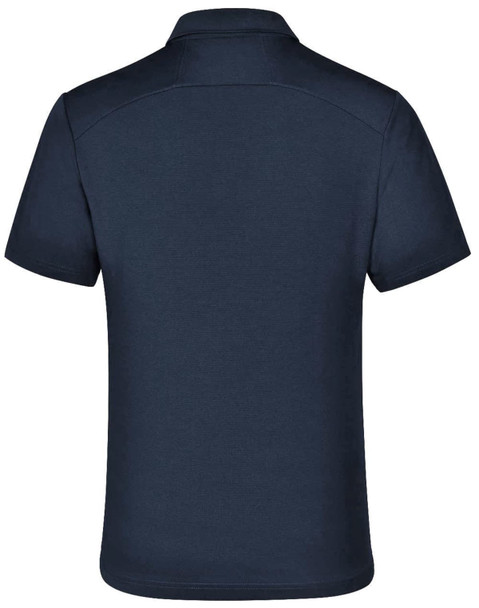 A navy blue polo shirt with a collar, featuring a logo, shown from the back.