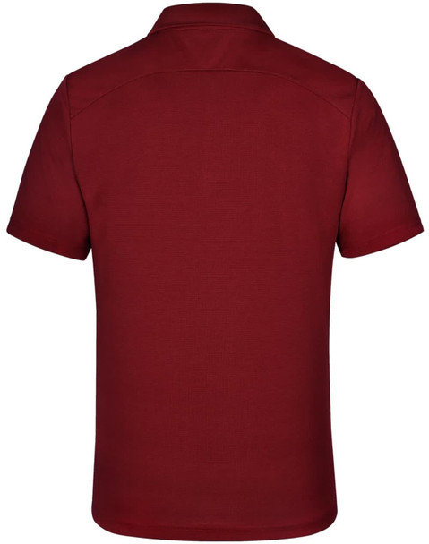 A maroon men's polo shirt featuring a collar and short sleeves, with a logo on the back.