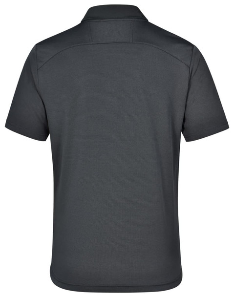 A dark grey polo shirt with a classic collar and short sleeves. Features branding on the back.