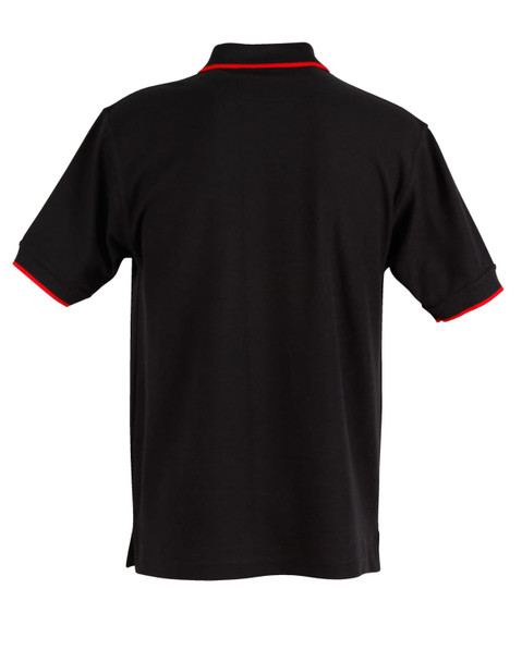 A black polo shirt with red detailing, featuring a collar and short sleeves. It has a branding logo.