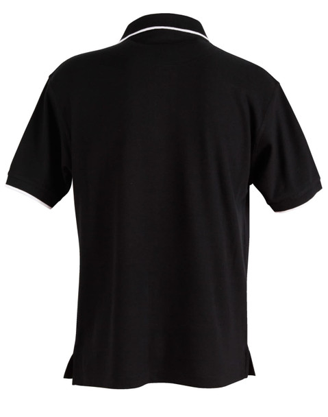 A black men's polo shirt with a contrasting collar and a logo on the back.