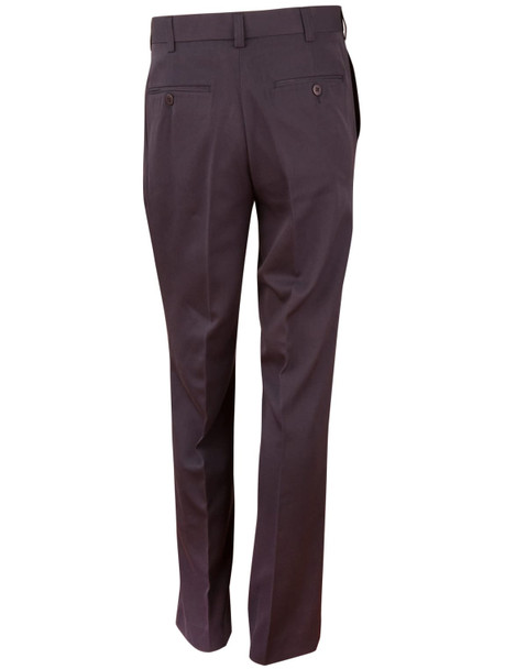 Dark grey men's permanent press slacks, featuring a straight-leg cut and back pockets. The pants have a sleek appearance.