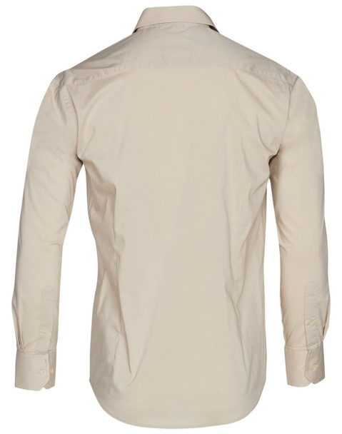 A beige long sleeve button-up shirt with a classic collar and cuffs, featuring a logo on the back.