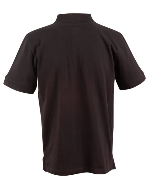 A black men's polo shirt with a classic collar and short sleeves, featuring a logo on the back.
