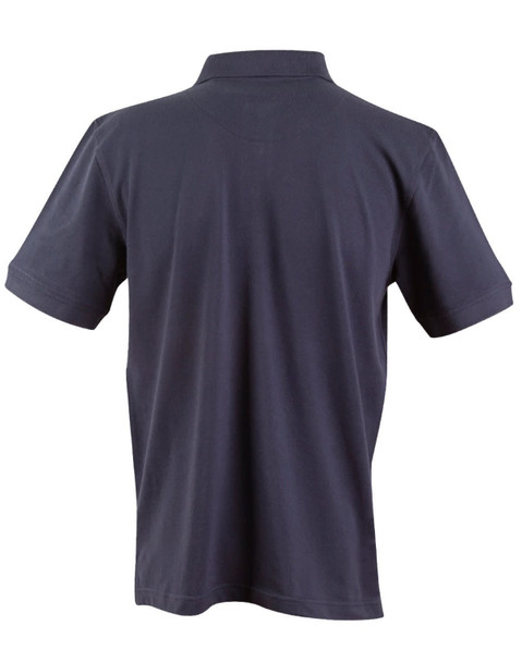 A navy blue men's polo shirt with a classic collar and short sleeves, featuring a logo on the back.