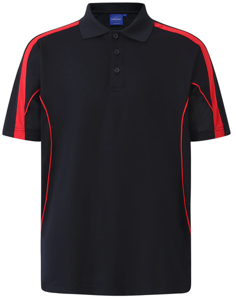 A navy and red men's polo shirt featuring short sleeves and a logo.