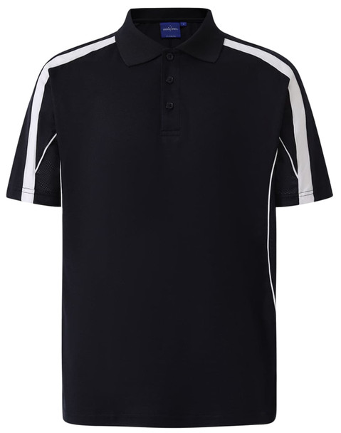 A navy polo shirt with white accents and a logo. It features a classic collar and short sleeves.