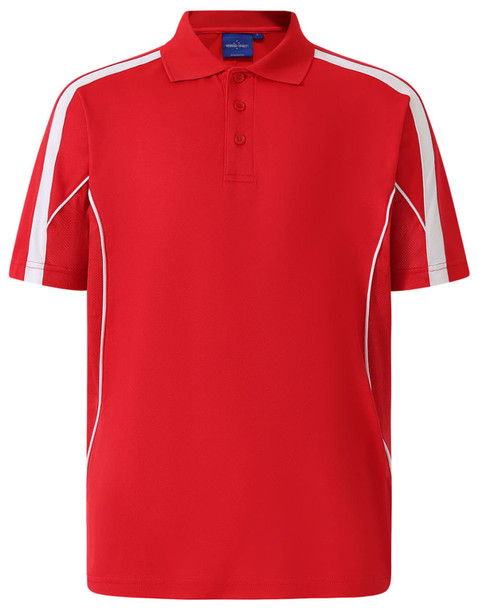 A red polo shirt with short sleeves, featuring white side stripes and a logo on the chest.