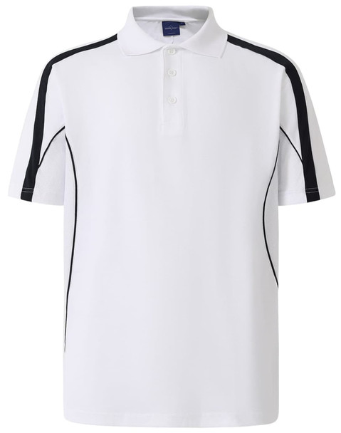 A white short sleeve polo shirt with navy blue side stripes and a logo on the chest.