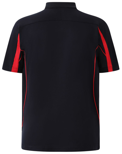 A navy blue polo shirt with red accents and a logo on the back. Short sleeves and a sporty design.