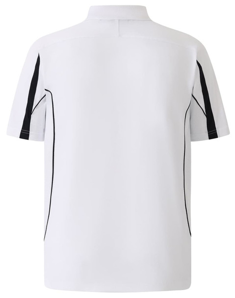A white short sleeve polo shirt featuring navy detailing and a logo. The back displays a sporty design.