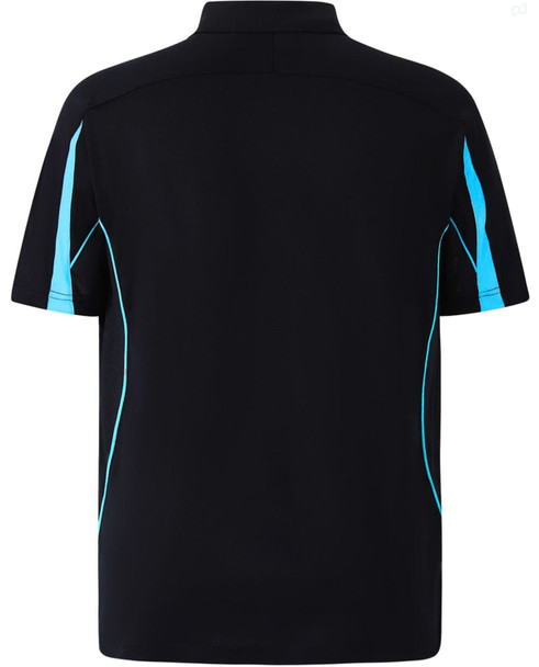 A black polo shirt featuring blue accents and a logo, designed with a short sleeve and mesh detail.