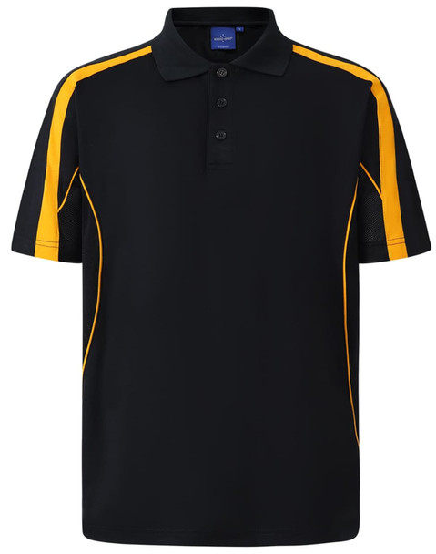 A black polo shirt with yellow side stripes and a logo. Short sleeves and a buttoned collar design.