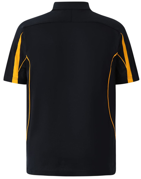 A black polo shirt featuring yellow accents and a logo on the back.