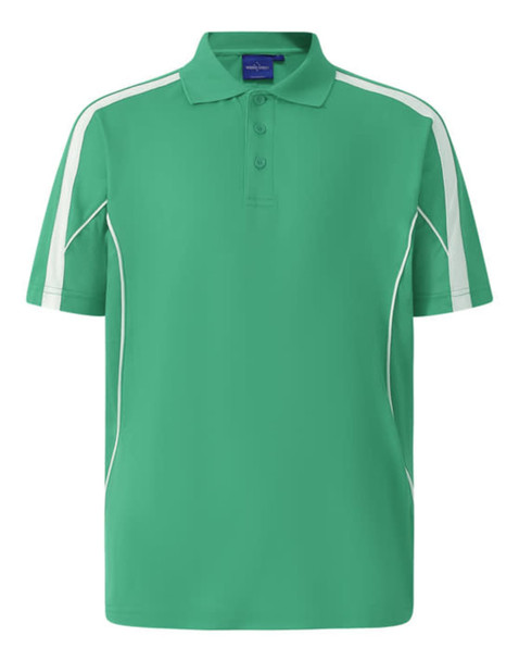 A green polo shirt featuring white accents on the sleeves and a collar. It has a logo on the chest.