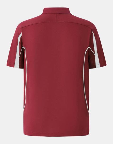 A maroon men's short-sleeve polo shirt featuring white side accents and a logo.