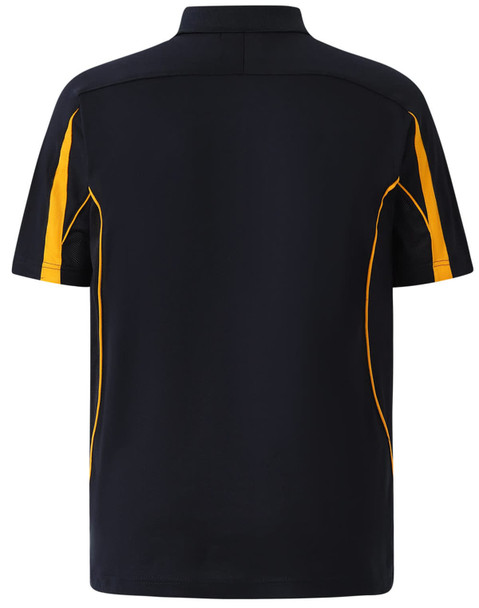 A navy blue polo shirt with yellow accents, featuring a collar and short sleeves. It has a logo on it.