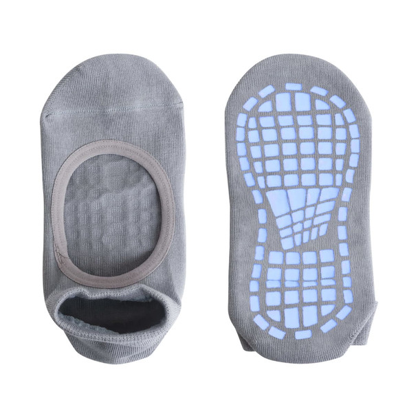 A pair of grey open top yoga socks featuring a textured underside for grip, with a logo on one sock.