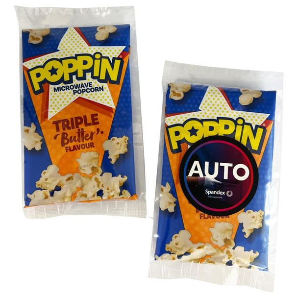 Microwave popcorn pack featuring a blue and yellow design with white popcorn shapes. It has a logo and mentions triple butter flavour.