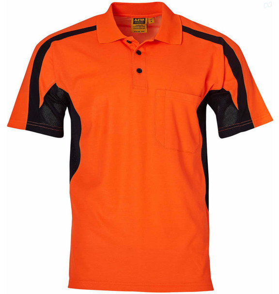 An orange short-sleeve safety polo shirt featuring black side panels and a chest pocket. It includes a logo.