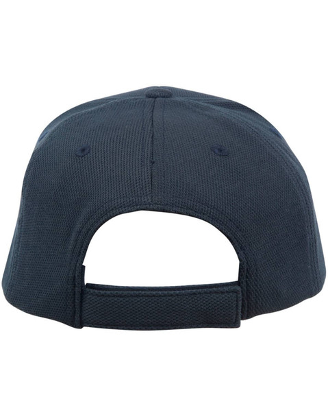 A structured navy cap with a mesh design and an adjustable strap at the back. Features a logo on the side.
