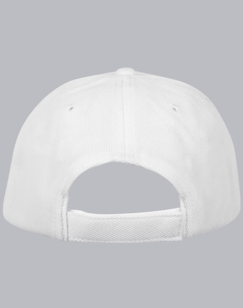 A white Pique mesh structured cap featuring an adjustable strap and a logo on the back.