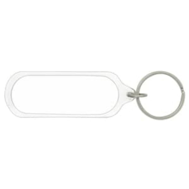 An oval acrylic keychain with a transparent body and a metal ring.