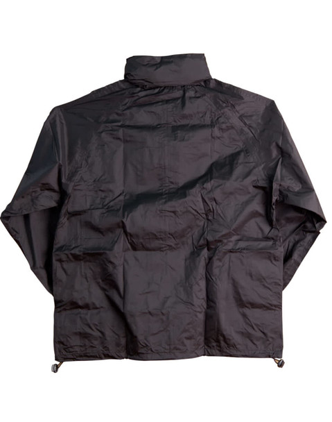 A rain jacket in black with a simple design and a logo on the back.