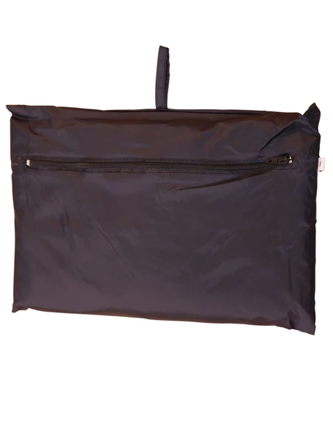A black outdoor activity spray jacket in a compact storage pouch with a zip closure. The pouch features a hanging loop.
