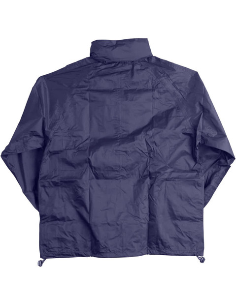 A navy outdoor activity spray jacket featuring a back view and a hood, with a logo present.