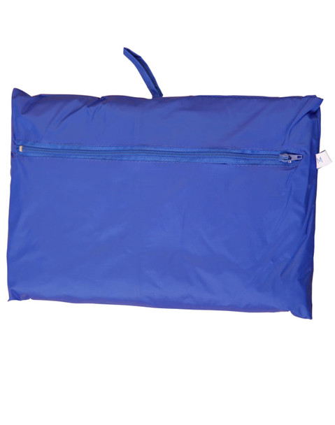 A blue outdoor activity spray jacket, folded and zipped for storage, with a small loop on top.