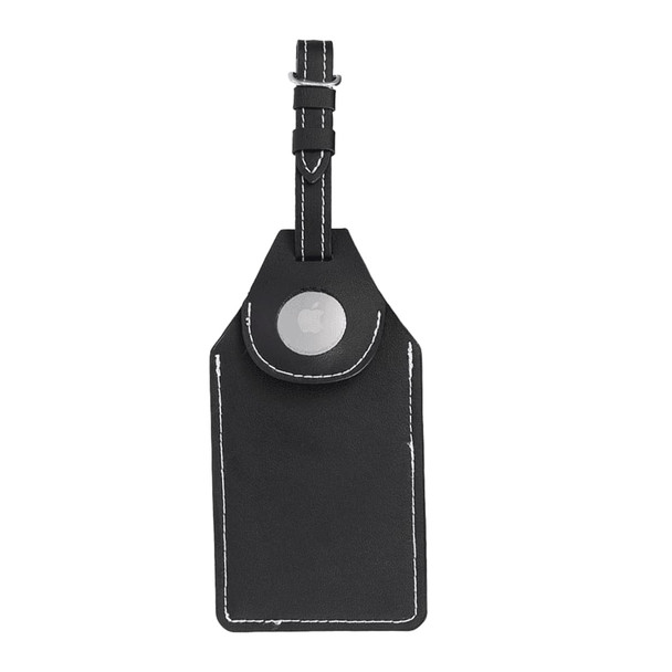 A black luggage tag with a sleek design, featuring an AirTag holder and white stitching detail.