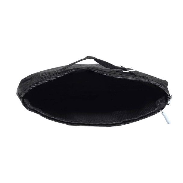 A black organiser case with a zip closure and a handle, featuring a spacious interior.