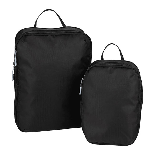 A set of black compression packing cubes in two sizes, featuring zippers and carry handles, with a logo.