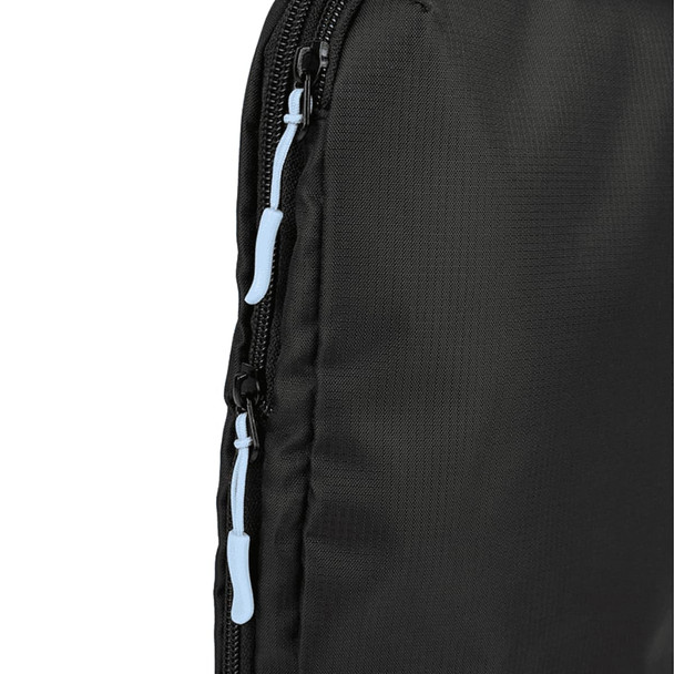 A black packing cube with blue zipper pulls, featuring a textured fabric surface and seamless design.