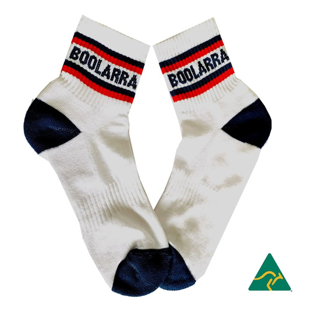 Premium cotton sports quarter socks featuring white and navy colours with a striped design and a logo.